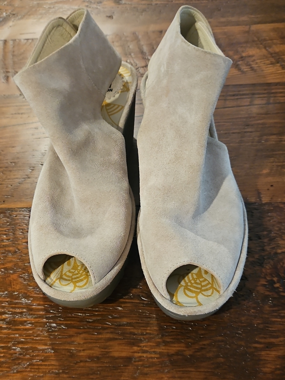 Fly London Never Worn Suede Peep-Toe Wedge Sandals in Light Beige